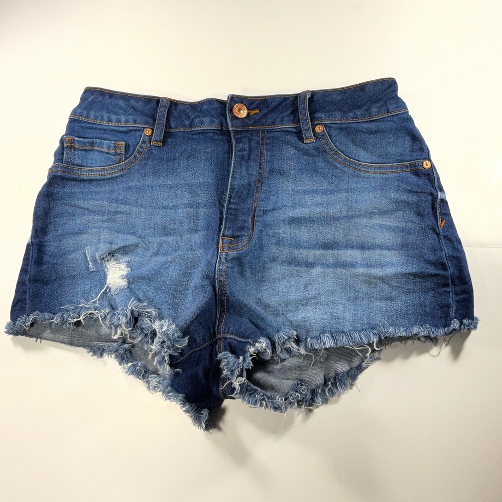 Rewash High Rise Distressed Denim Shorts Medium Wash Size 9 29 Frayed Hem